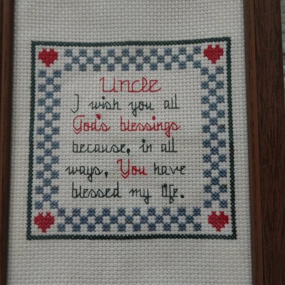 Cross Stitch Picture for Uncle Blessing Framed Vintage 5.5" x 7.75" Hearts - Picture 3 of 5